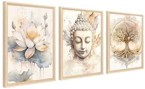 3Pcs Marco de Madera Cuadro Moderno Árbol de la vida Buda Cuadro Decoracion Salon Budismo Zen Flor de Loto Beige Pintura Cuadros Decorativos Salon Dormitorio Baño 30cmx40cmx3 (Sin Plexiglás)