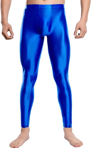 FEOYA Leggings da uomo Glossy, collant oleosi, lucidi, per sport, taglie forti, taglia M, L, XL, XXL, Blu, XL