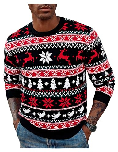 Demegimi Pull de Noël Homme Hiver Chaud Molletonné à Manches Longues Col Rond Pull Homme Sweat Décontracté Sportif avec Flocons de Neige et Renne
