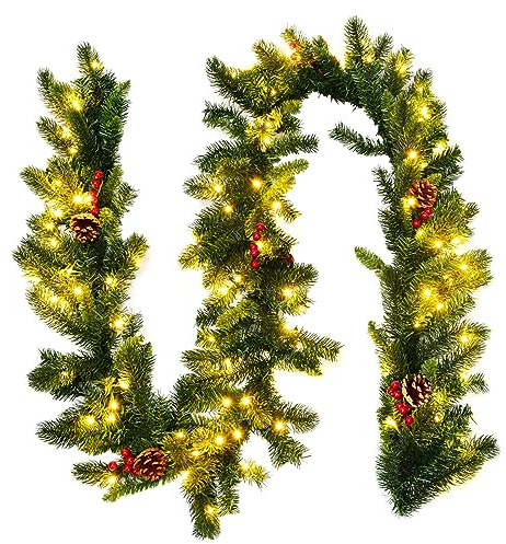 FANTASK Tannengirlande Grün, Weihnachtsgirlande mit 100 LEDs warmweiß, Kunstgirlande Dekogirlande mit Tannenzapfen & Roten Beeren, für Tür Kamine Treppe Innen Außen (270cm)