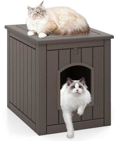 COSTWAY Maison pour Chat Interieur Exterieur en PP, Porte à Battant, 4 en 1 Meuble Litiere Chat, Verrouillage de Sécurité, Base Surélevée, Niche pour Chaton Chien Lapin, 60 x 47 x 54,5 cm (Café)
