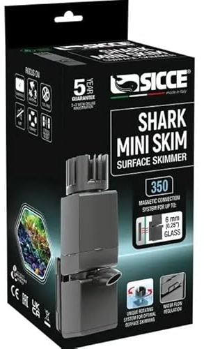Sicce Shark Mini Skimmer 350 – Magnetic Surface Skimmer for Aquariums, Floating Skimmer Head with 30mm Excursion, Adjustable Rotating System & Safety Grid (For Glass up to 6mm)