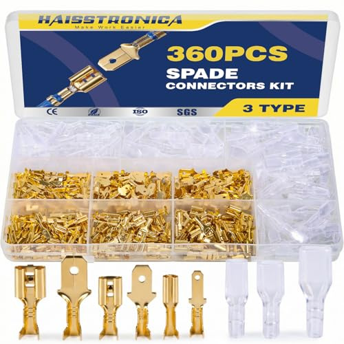 haisstronica 360PCS Spade Connectors Kit, 2.8/4.8/6.3mm Male and Female Crimp Quick Disconnect Speaker Wire Connectors, Open Barrel Terminals for Automotive and Electrical Wiring