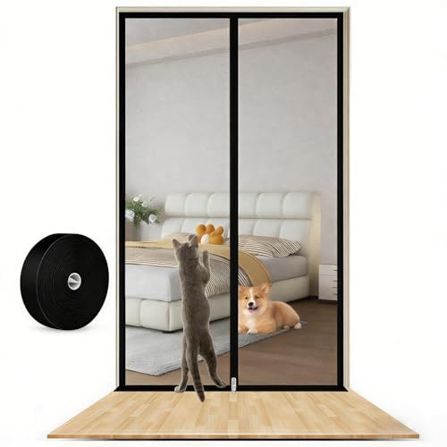 Cat Door Screen, Reinforced Cat Resistant Mesh Door 90X210CM, Heavy Duty Anti Mosquito Fly Curtain with Zip, Prevent Dogs Cats Running Out from Home, Pet Mesh for Living Room Kitchen Patio (Black)