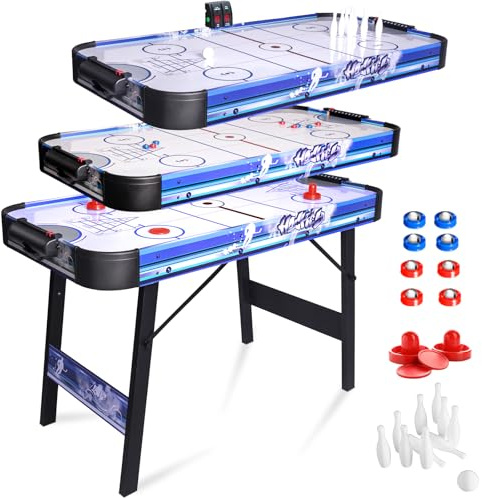 hotsizz Table Multijeux. Air Hockey/Bowling/Shuffleboard Pliable, équipée d'un Ventilateur 12V, Dimensions 130×61×78 cm, idéale pour Le Divertissement des Adultes et des Enfants.