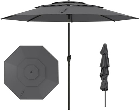 TANGZON 3M Garden Parasol with 3-Tier Vented Canopy, Polyester Fabric, Tilt & Crank System, 8 Ribs, UV Protection, Windproof Patio Umbrella for Garden, Decking, Poolside, Grey