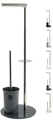 MSV Bergamo Stand Garnitur WC Bürste Rollenhalter Toilettenbürste Klobürste Klopapierhalter aus Edelstahl und Glas Grau 3in1, Grey