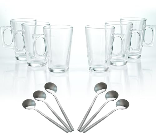 Crystals 6 x 240ml Classic Glass Cup Mugs Set for Cold Drinks Hot Latte Coffee Cappuccino with 6 Spoon