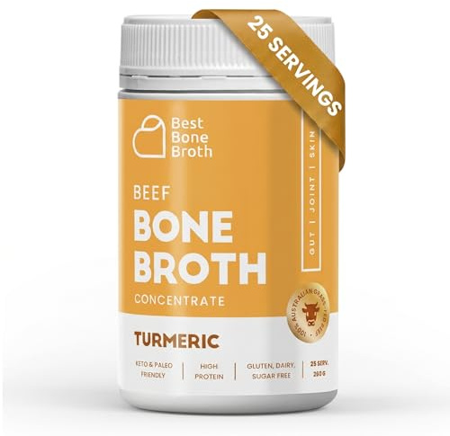 Grass Fed Beef Bone Broth Concentrate with Turmeric | Help Improve Joints, Skin, & Gut | Liquid Collagen Amino Acids | Keto, High Protein, Gluten Free | 25 Servings / 6.25 litres