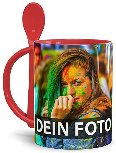Tasse selbst individuell gestalten/Personalisierbar mit eigenem Foto bedrucken/Fototasse/Motivtasse/Werbetasse/Firmentasse mit Logo/Löffeltasse Klassik Rot - XXL Druck
