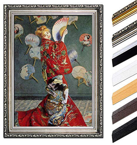 Bild mit Rahmen - Claude Monet La Japonaise (Camille im japanischen Kostüm) 60x80 cm - Gerahmtes Leinwandbild Alte Meister - Antiker Rahmen Silber Barock, Klassisch