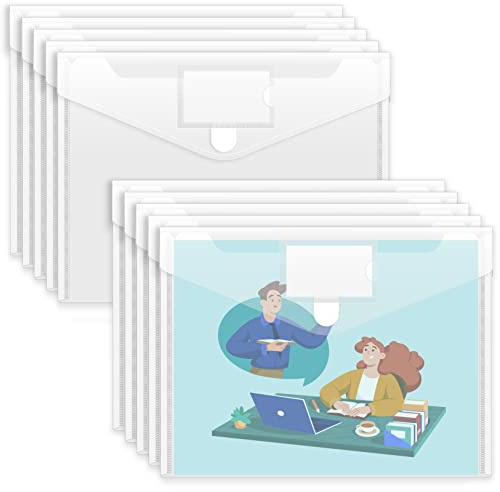 Sooez 10 Pack Plastic Envelopes File Folders, Clear Folder for Document US Letter A4 Size Poly Envelopes with Label Pockets for School Home Work Office Organizer, Clear