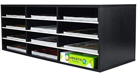 PAG 12 Fächer Verstellbarer Dokumentenablage aus Holz,Holz-Literatur-Stehsammler,Aktensortierer Briefablage A4 Zeitschriftenständer,für Büro/Zuhause/Schule,Schwarz&Weiß