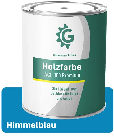 Grundmann Holzfarbe ACL 100 - Holzlack 3 Kg Blau - 4in1 inkl. Grundierung - Seidenmatt - Wetterfest für Innen & Außen - RAL 5015 Himmelblau