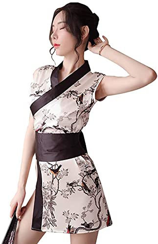 HNYBD Kimono japonés sexy con tanga, cinturón oblicuo con cuello en V y flores de seda mancha suelta túnica corta camisón