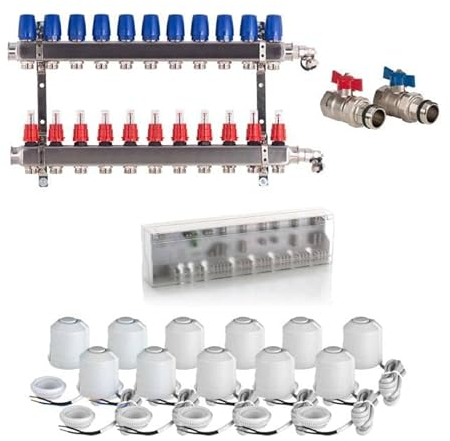 Heizkreisverteiler BASIC für Fußbodenheizung 11 Heizkreise Komplettset Verteiler, Kugelhahn, Stellantrieb, Anschlussleiste