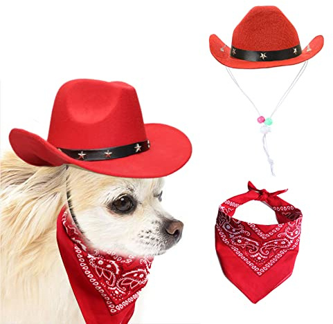 AWOCAN Cowboyhut und Bandana für Hunde und Katzen, Sombrero, Welpenhut, Cosplay-Kappe, Welpen, Haustier, Hund, Katze, Urlaub, Haustier-Party-Dekoration, Rot