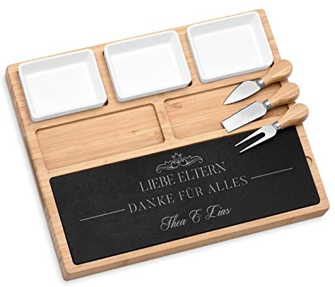 Maverton Servierbrett mit personalisierter Steinplatte + 3 weiße Keramikschalen - Anrichteplatte mit 3 Besteckteilen - Bambusplatte für Paare - zur Hochzeit - zum Hochzeitstag - Danksagung