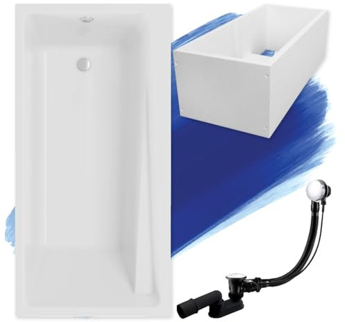 BADLAND Badewanne Original Weiß Acryl Wanne Rechteck ELZA 160x75 KOMPLETTSET SET mit Premium Wannenträger + Füßen und Exklusive Chrom Automatik Ablaufgarnitur Made in EU 4in1