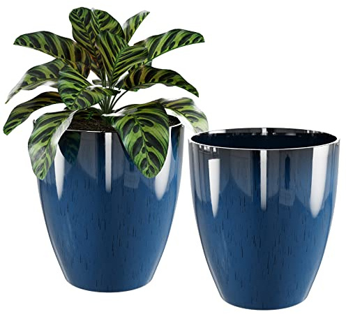 Blomkrukor, set med 2-pack, 25 cm (10 tum), växtkruka för inomhus- och utomhusväxter med dräneringshål, blomkrukor modern dekorativ planterare för trädgårdsväxter (blå)