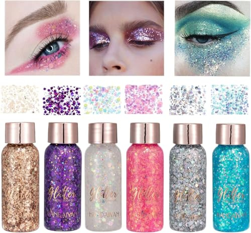 Owelth Body Glitter Gel, Pailletten, Chunky, Make-up, Glitter, Gesicht, Körper, Haare, Nägel, für Festival, Party, Geburtstag, Weihnachten, Dekoration, langlebig, funkelnd, 6 Farben