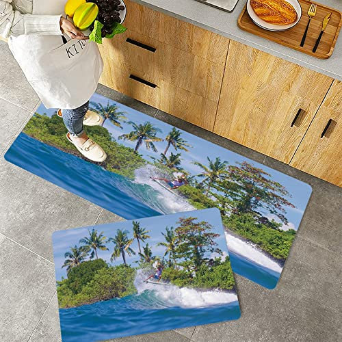 Küchenteppich Teppich Läufer Küchenläufer 2 Stück rutschfest,Ride The Wave, Surfer im Ozean von Bali Island Palmen Verträumte Naturlandschaft, Farn Grü, Waschbar für Flur Küche 40 x 100 cm+40 x 60 cm