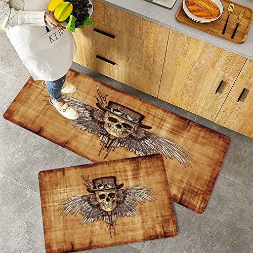 Küchenteppich Teppich Läufer Küchenläufer 2 Stück rutschfest,Totenkopf, Coole Totenkopfikone auf Pergament Hintergrund Retro Style Tot auf Adlerflügeln, Waschbar für Flur Küche 40 x 100 cm+40 x 60 cm