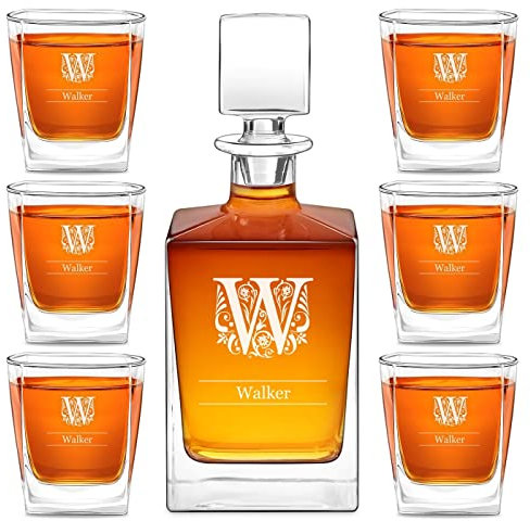 Maverton Customised Whiskey Set for Man - Stylish Carafe with 6 Glasses for him - Glass Bottle for Gentleman - Engraved Glassware for dad - Personalised Whisky Glasses for Birthday - Ornament