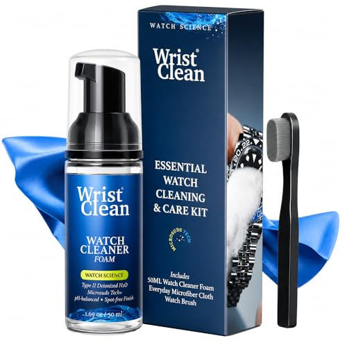 Essential Watch Cleaning Kit | Safe on all Metals & Crystals | (1x) Watch Cleaner Foam 50ML, (1x) Everyday Watch & Jewelry Cleaning Cloth 10x10, (1x) Watch Cleaning Brush | USA Made (3 piece set)