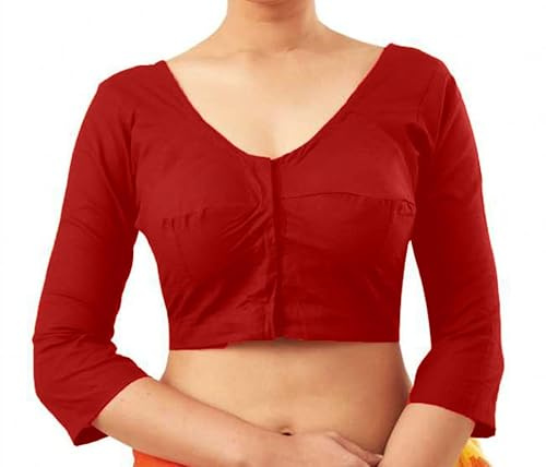 Fashnkart Blusas abiertas frontales de sari de algodón para mujer Readymade Choli Solid Full Sleeve Plain Fashion Ethenic Sari Blusa, rosso, 55