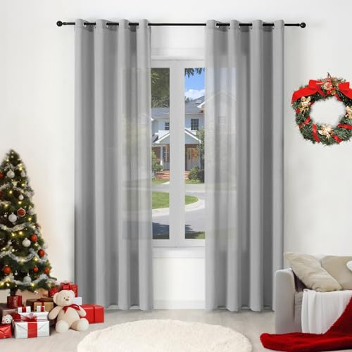 WOLTU 2er Set Gardinenn mit Ösen, Vorhang für Wohnzimmer Schlafzimmer, Leinenoptik, Halbtransparent, modern, 135 x 225 cm, Grau