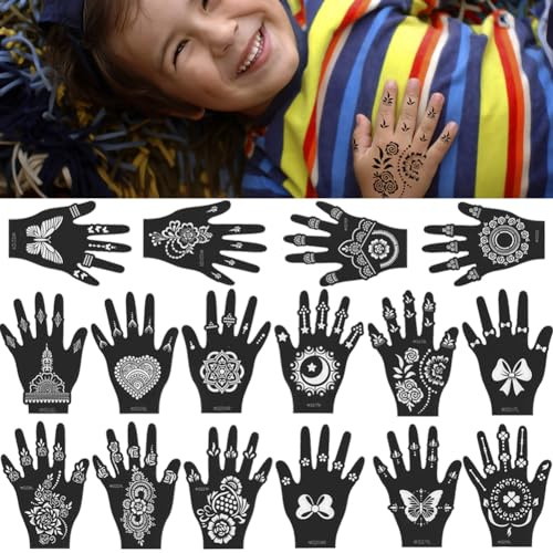 XMASIR 16 Blätter Temporäre Tattoo Henna Schablonen für Kinder, flower butterfly Tattoo Schablonen Set für Finger Körper Hand