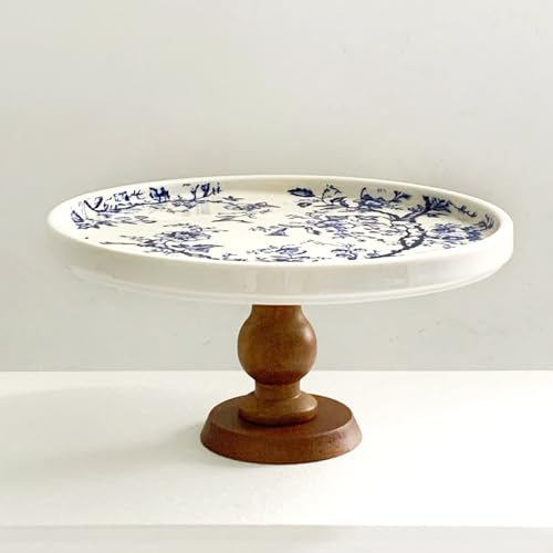 Soporte para tartas azul y blanco, soporte de pedestal pequeño para tartas, soporte redondo de cerámica vintage de 6 pulgadas para fiestas, bodas, bandeja decorativa para joyas de velas (soporte
