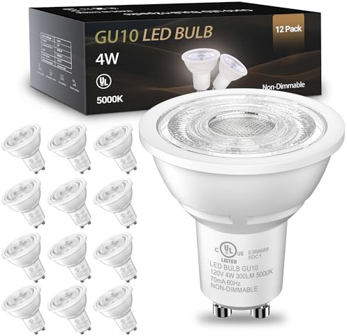 TJOY GU10 LED Light Bulbs Non-Dimmable, 4W, 5000K Daylight White, 300LM, Equivalent 35W, 2 Prong GU10 Bulbs Replacement for Recessed Track Lighting, MR16 LED Bulb for Living Room, Range Hood, 12 Pack