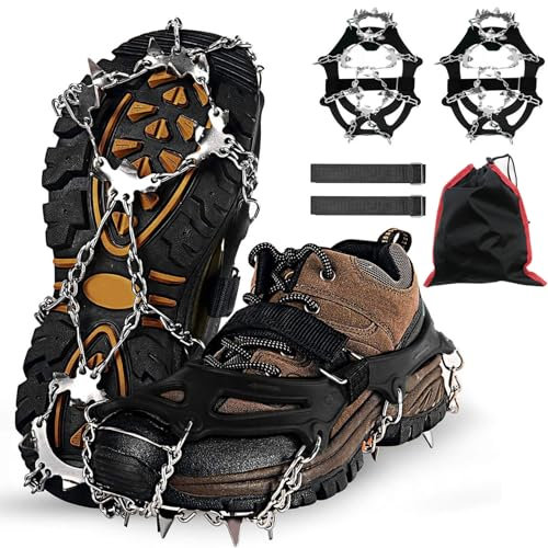 Steigeisen, Spikes für Schuhe Winter, Steigeisen für Bergschuhe, Grödel für Bergschuhe, Spikes Schuhe, Crampons mit 26 Edelstahl Zähne & 2 Klettbänder für Erwachsene Wandern Trail Running Trekking(M)