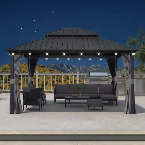 PURPLE LEAF Pavillon 3.65 x 4.25 m LED Licht Alu Rahmen Basisch, Grau | Bruchsichere Licht, Voll-Aluminiumrahmen, Doppellagiges, belüftetes Dach, Sichtschutzvorhänge, Insektensicheres Netzgewebe