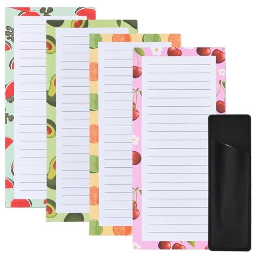 YILANJIN 4 Stück Magnetische Notizblöcke, 50 Blätter/Stück Einkaufszettel Block, Notizblöcke mit 1 Magnetisch Stifthalter, To Do Listen Block, Einkaufsliste Kühlschrank, Fruchtdesign
