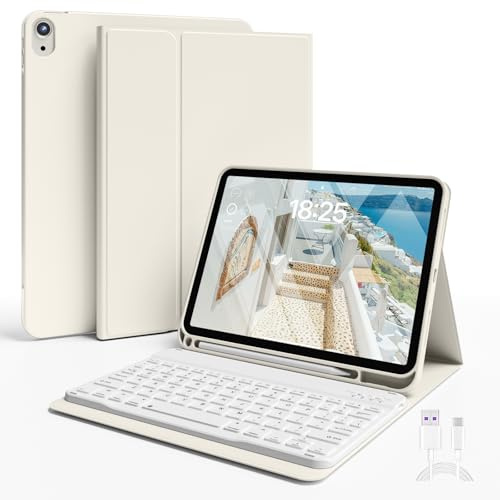 JKSML Keyboard Case for iPad (A16) 11th/ 10th Gen 11''/10.9'' 2025/2022 | Detachable Bluetooth Wireless Keyboard, Soft TPU Cover with Holder, Multi-Angle Stand for Study/Office/Travel (White Creme)