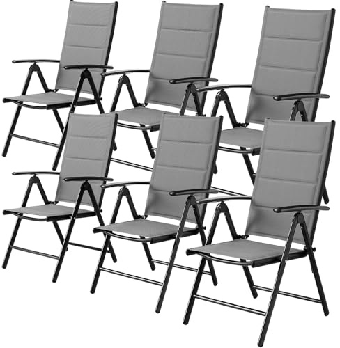 LIFERUN Aluminium balkongstol 6 set, trädgårdsstol hopfällbar med hög rygg, upp till 120 kg, 7-vägs justerbar, utomhus matrumsstol, armstöd, fällstol, med quiltat ryggstöd och sits, grå, 6 st
