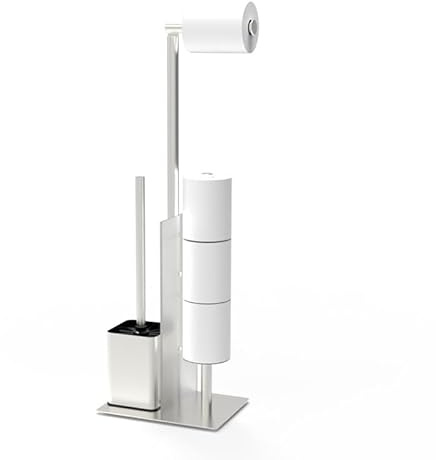 YUET Porte-Papier Toilette Debout en Acier Inoxydable avec Brosse WC, Support Papier Toilette sur Pied pour Salle de Bain, Distributeur Base Lourde (Argenté)