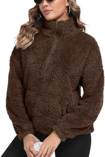 IWOLLENCE Dam teddy fleece sweatshirts | Sherpa teddy fleece jumper halv dragkedja borg fleece kvinnor vinterkläder med känguruficka ledig varm jacka