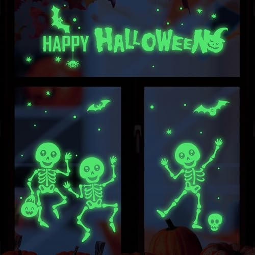 FOSDICK 2 Blätter Halloween Fensterbilder, Halloween Deko Fenster Skelett Leuchtet Im Dunkeln, Halloweens Fensteraufkleber Selbstklebend Ablösbar, für DIY Halloweens Party Hause Fenster