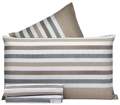 Riad Arredo Set Completo Letto in 100% Cotone Morbido Mano Percalle - Completo Letto Lenzuola Sotto con Elastico | Lenzuola da Sopra | federe (Righina Sabbia, Matrimoniale)