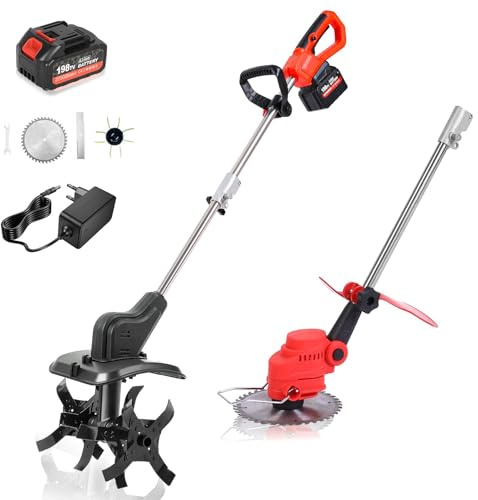 21V Electric Garden Rotavator, 300 RPM Cordless Double Drum 4 Blades Tiller & 8 lawnmower Combo, 22cm Working Depth, 30cm Tilling Width, LED Display, Battery Tiller for 198TV battery Single Battery