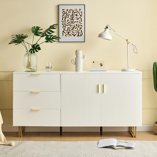 LARFOEK Kommode Weiß mit 3 Schubladen und 2 Türen, 160 cm Breit Sideboard mit viel Stauraum, Modernes Komodenschrank Schrank für Wohnzimmer, Schlafzimmer, Flur, 160×40×81,5cm