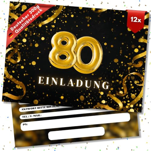 HIDEBLOOM - Einladungskarten 80. Geburtstag - 12 Stück - DIN A6 (10,5 cm x 14,8 cm) - Geburstagseinladung zum 80. Geburtstag - Einladungskarte für Jubiläum, Feier & Party