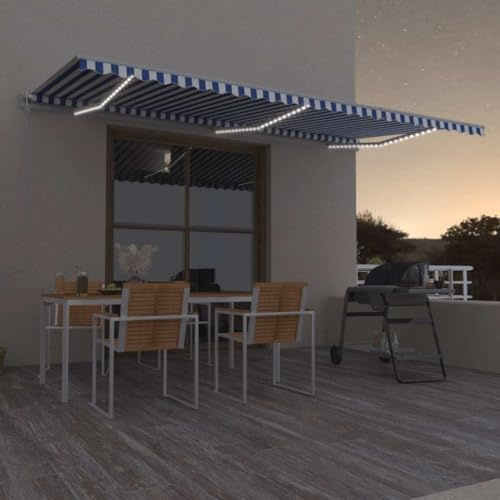 Auvent automatique à bras articulés avec éclairage LED et capteur de vent, 600 x 350 cm, bleu et blanc, polyester résistant aux UV pour l'extérieur, terrasse