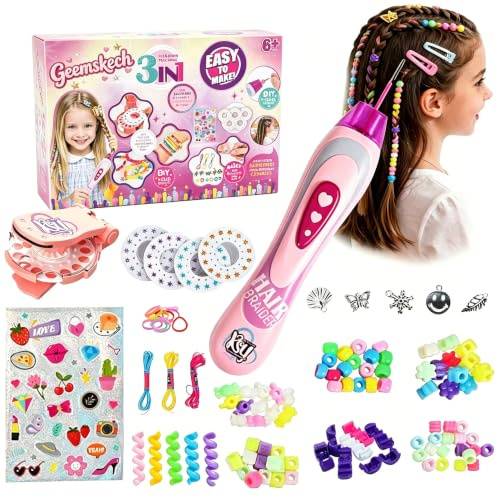 Haarflechtmaschine Mädchen, 3-in-1 Automatische Haarflechterin mit DIY Haarschmuck (Perlen, Bänder, Clips), Kreatives Spielzeug & Geburtstagsgeschenk für Kinder 4-12 Jahre