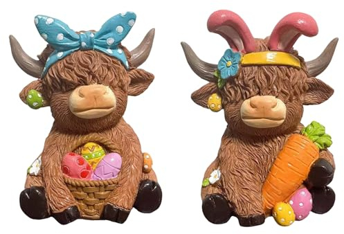 Easter Highland Cow Figurines, Spring Easter Egg Bunny Gnomes, Rabbit Scottish Resin Statue for Home Farmhouse Garden Kitchen Office Tiered Tray Table Decor, Calf Lovers Gifts (Style-A+B)