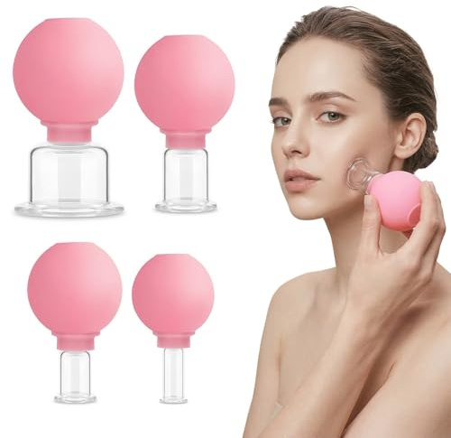 GWEOR Kit de 4 Ventosas de Silicona para Masaje y Terapia de Cupping, Ventosas Anticelulíticas Profesionales para Cuerpo y Rostro, Juego de Ventosaterapia con Estuche de Almacenamiento (Rosa)